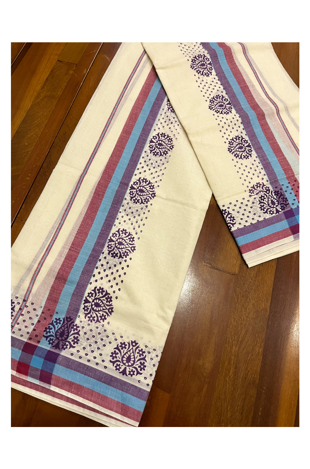 Kerala Cotton Mulloth Mundum Neriyathum Single (Set Mundu) with Violet Block Prints on Blue Red Violet Border (Extra Soft Cotton)