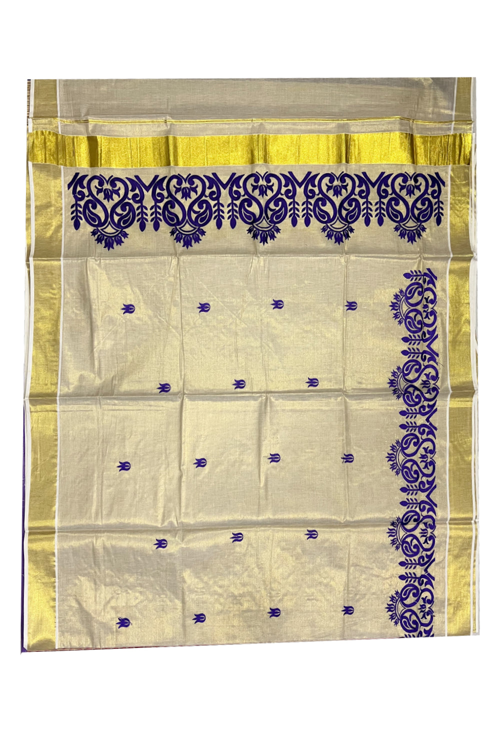 Kerala Tissue Kasavu Saree with Dark Violet Floral Embroidery Design