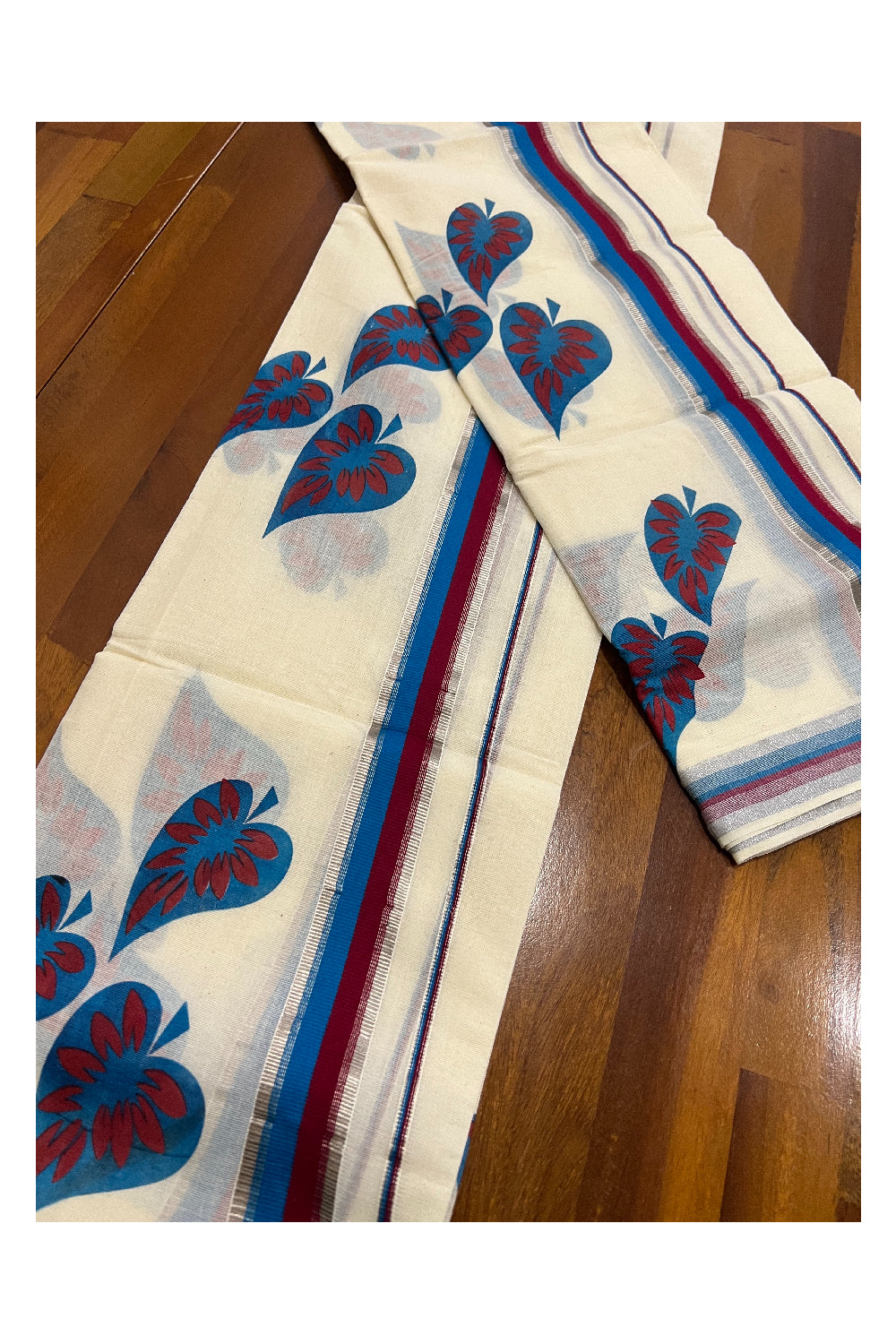 Kerala Cotton Set Mundu (Mundum Neriyathum) with Silver Kasavu Maroon and Blue Block Prints on Border