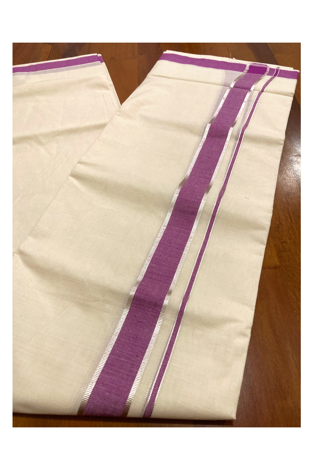 Off White Pure Cotton Double Mundu with Silver Kasavu and Magenta Border (South Indian Dhoti)