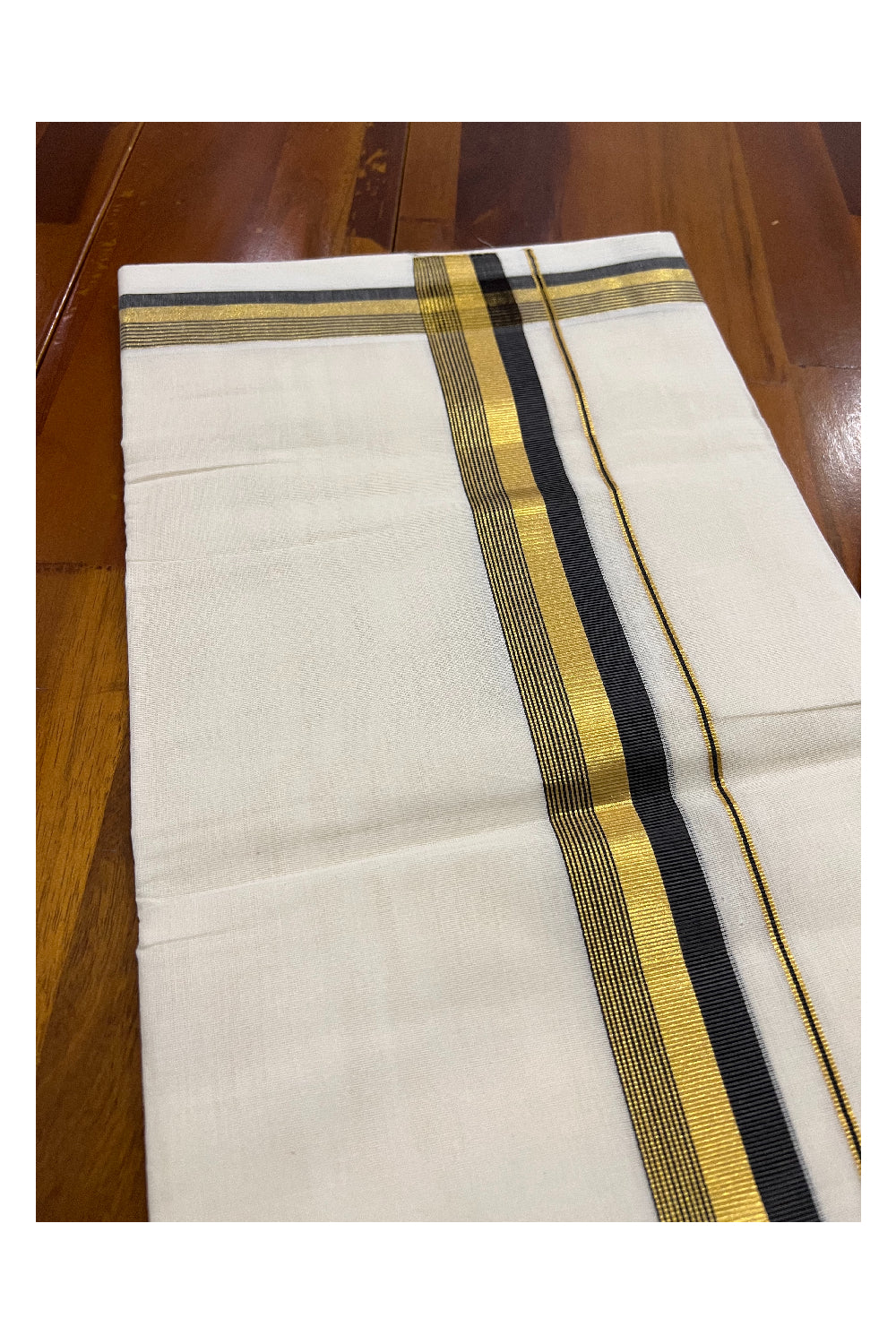 Southloom Balaramapuram Handloom Pure Cotton Mundu with Golden and Black Line Kasavu Border (South Indian Dhoti)