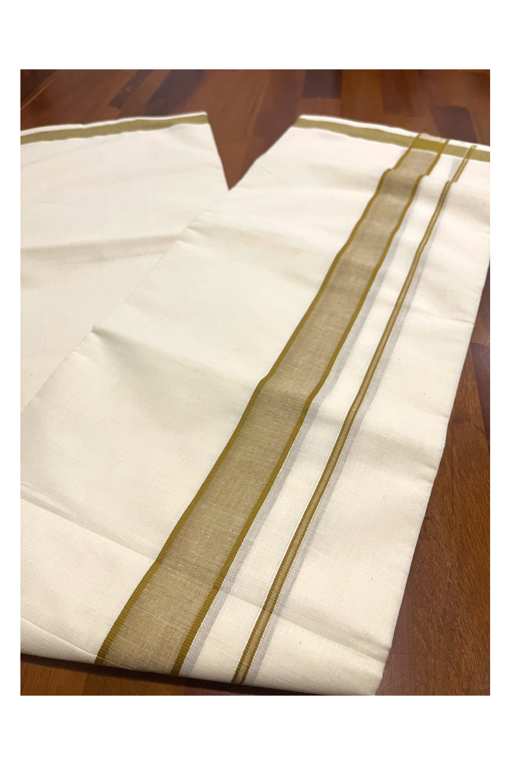 Pure Cotton Off White Double Mundu with Light Brown Border (South Indian Dhoti)