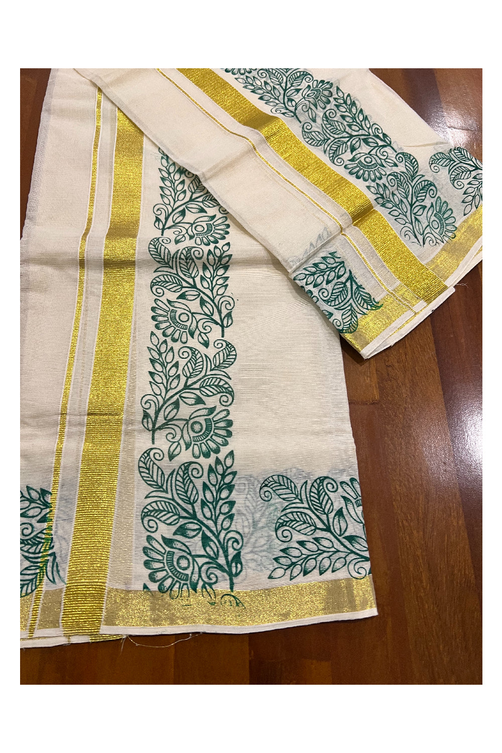 Kerala Cotton Kasavu Set Mundu (Mundum Neriyathum) with Green Floral Block Prints on Border