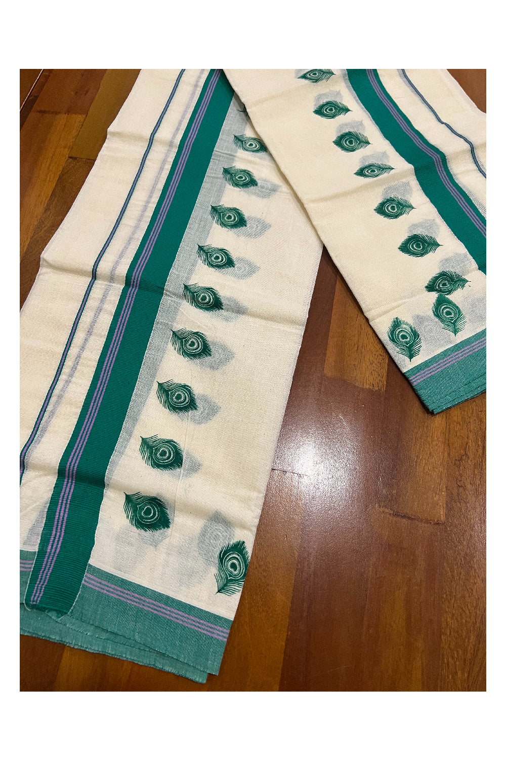 Pure Cotton Set Mundu (Mundum Neriyathum) with Green Feather Block Prints and Violet Lines on Border