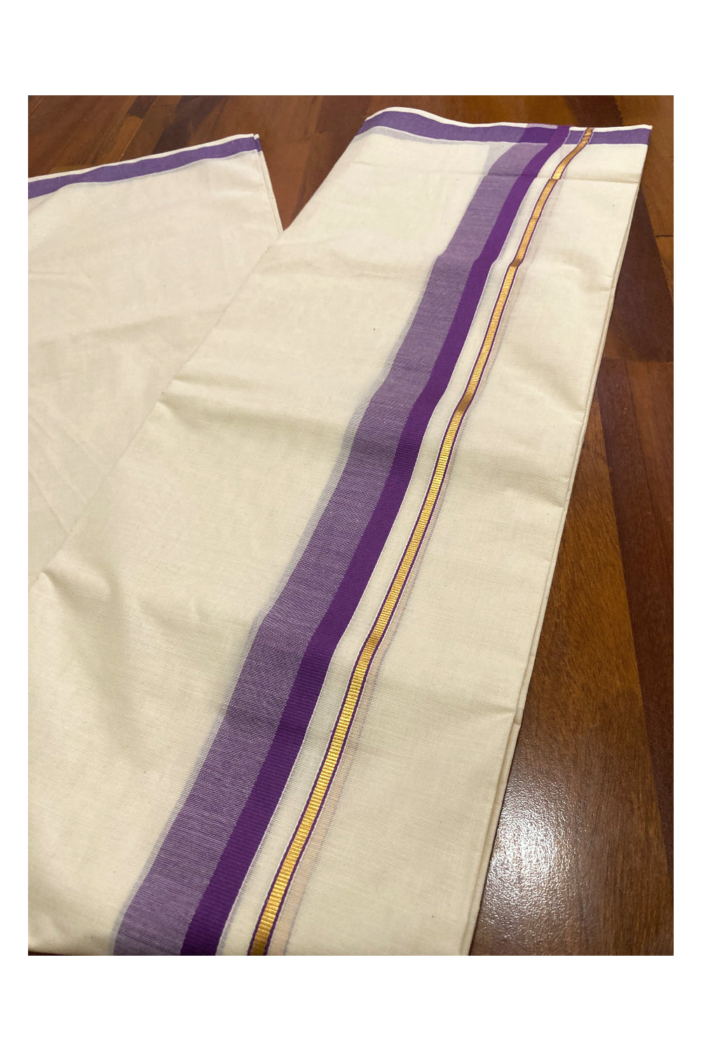 Off White Pure Cotton Double Mundu with Kasavu and Violet Border (South Indian Dhoti)