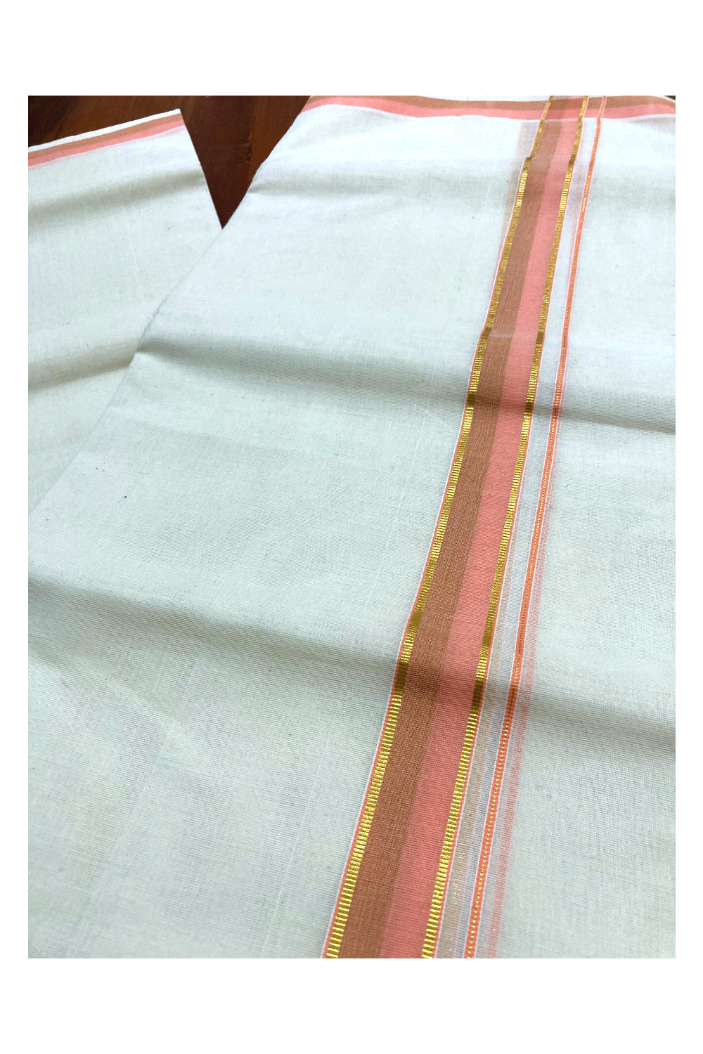 Southloom Premium Handloom Pure Cotton Mundu with Kasavu and Peach Border (South Indian Dhoti)