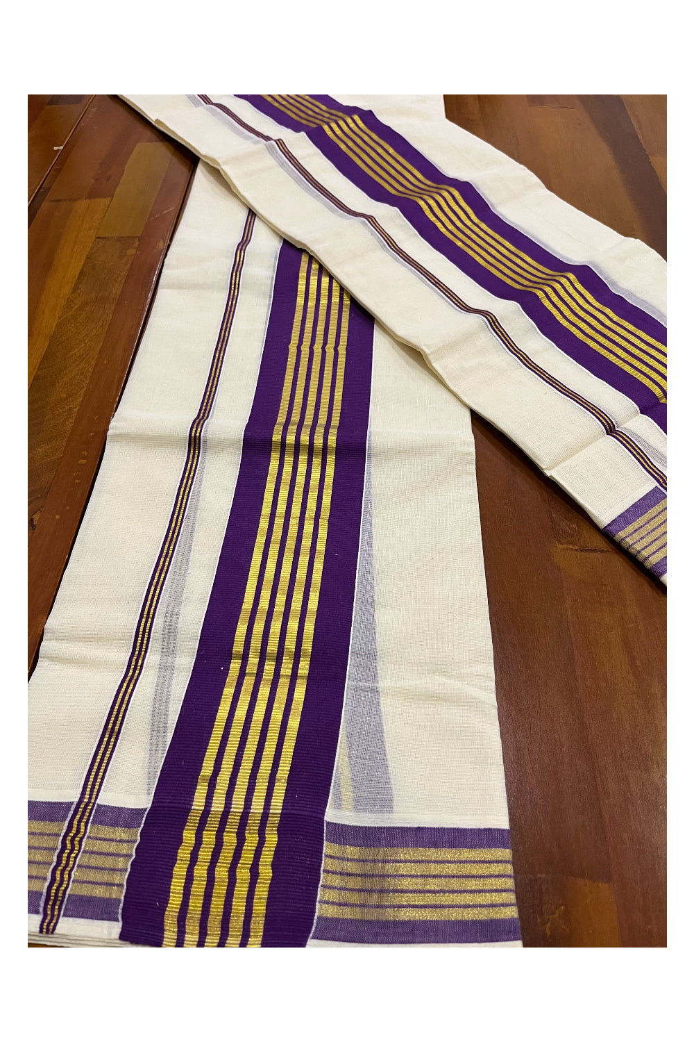 Pure Cotton Kerala Single Set Mundu (Mundum Neriyathum) with Violet and Kasavu Border 2.80 Mtrs