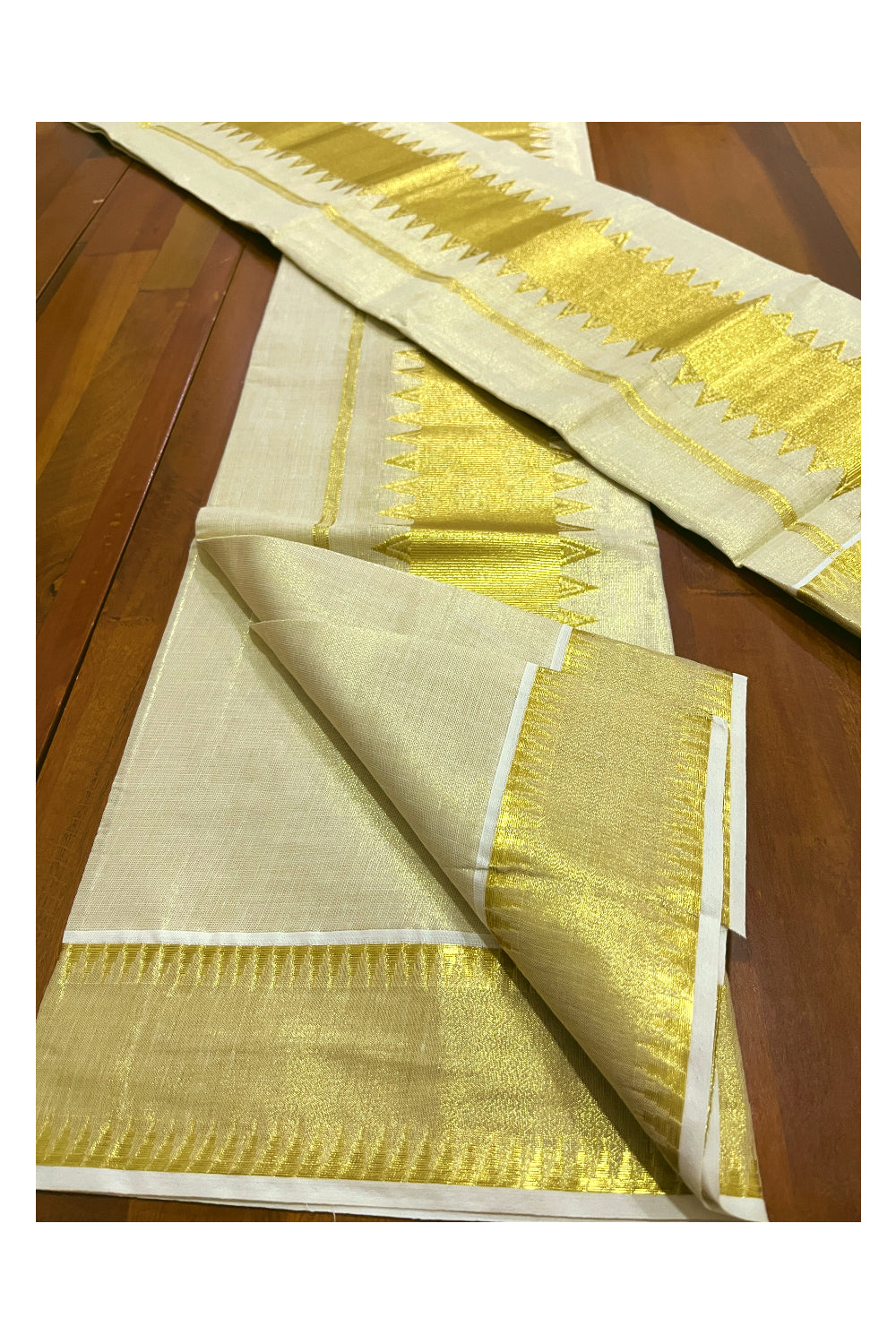 Kerala Tissue Mundum Neriyathum Single (Set Mundu) with Kasavu Temple Woven Border 2.80 Mtrs