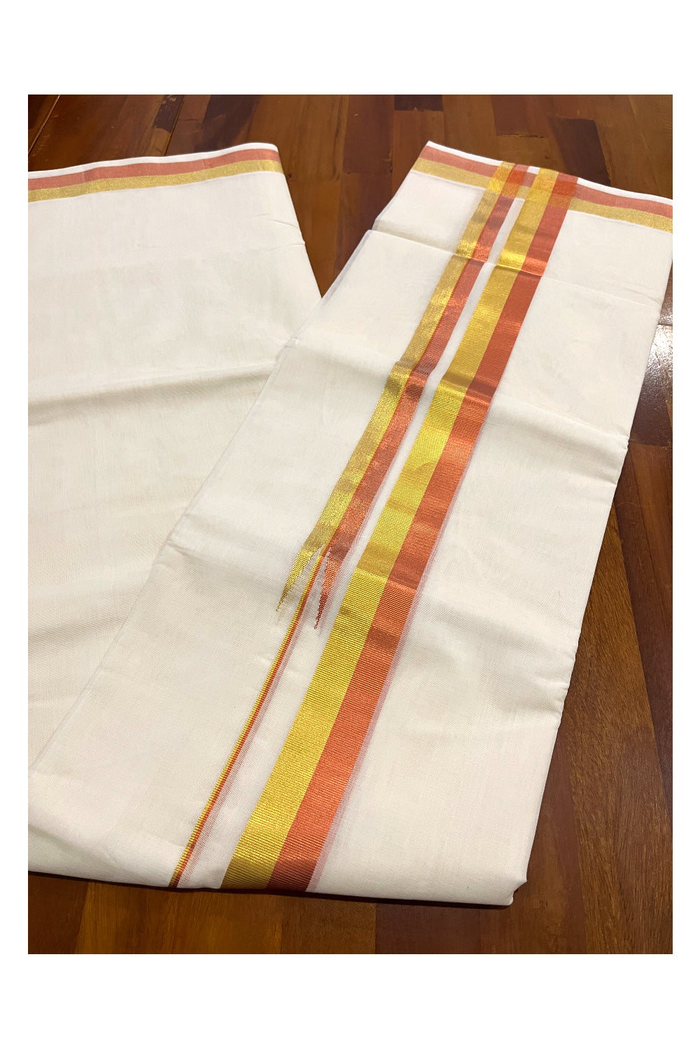 Southloom Premium Handloom Pure Cotton Mundu with Golden and Copper Kasavu Chutti Border (South Indian Kerala Dhoti)