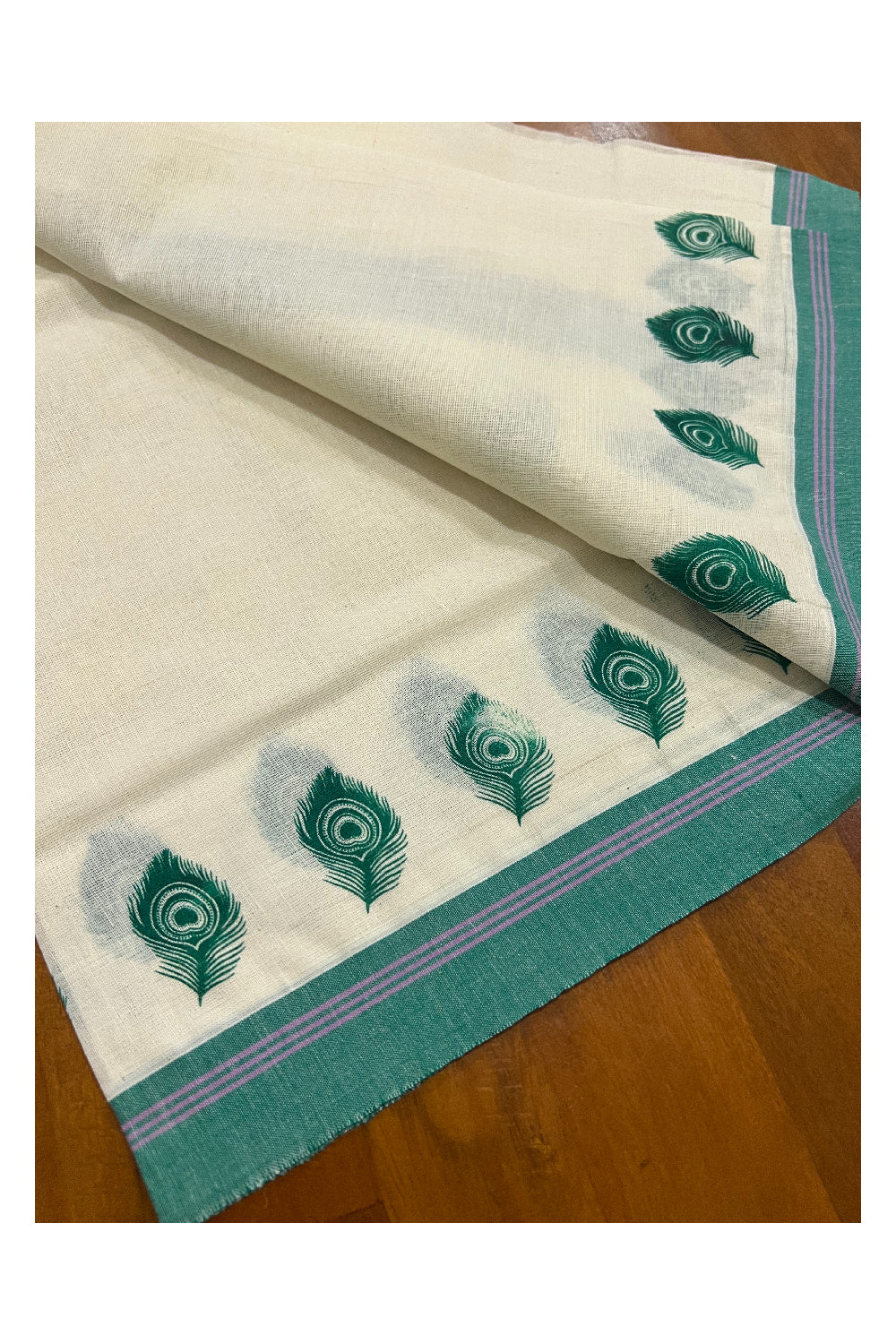 Pure Cotton Set Mundu (Mundum Neriyathum) with Green Feather Block Prints and Violet Lines on Border