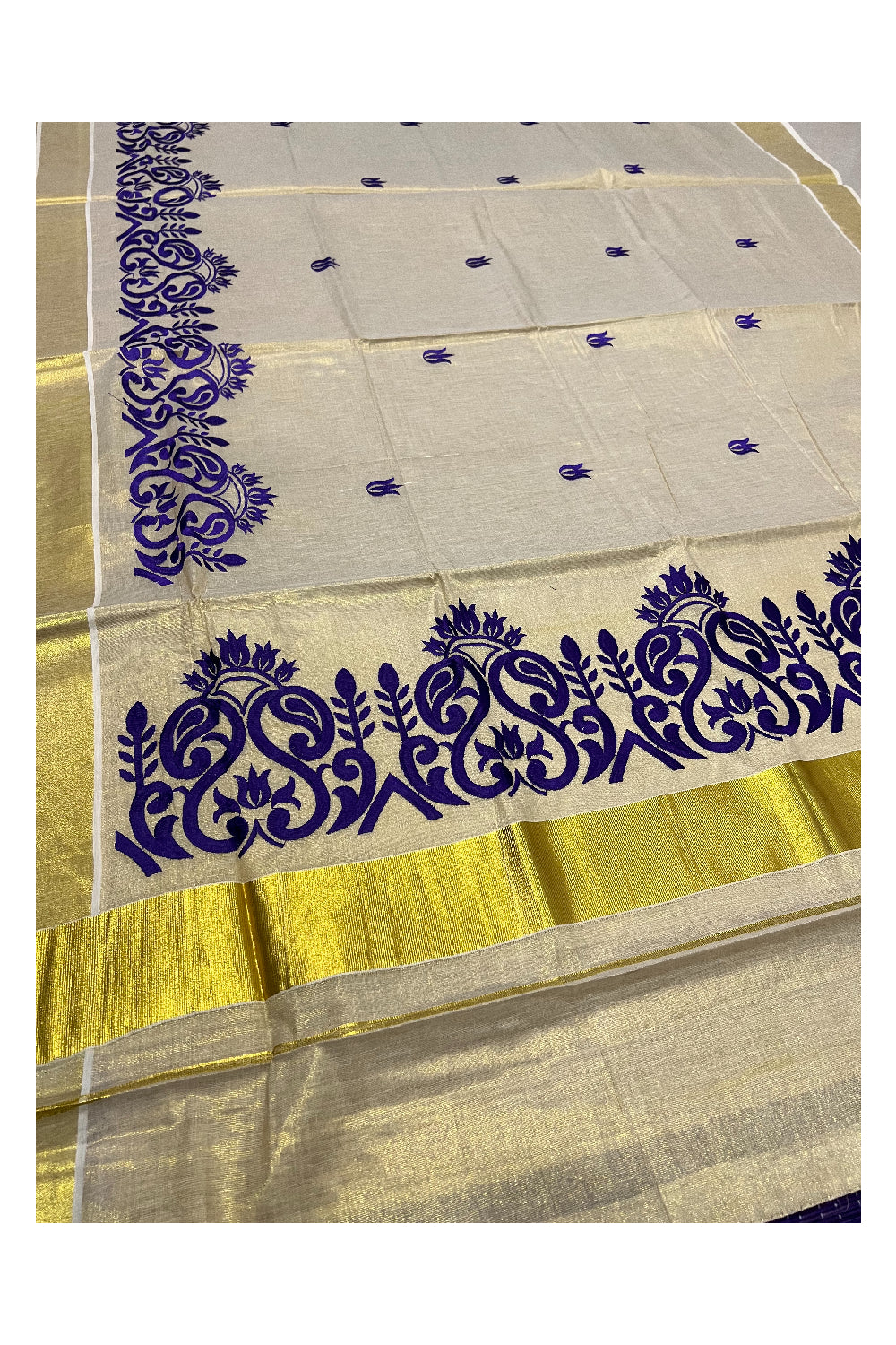 Kerala Tissue Kasavu Saree with Dark Violet Floral Embroidery Design