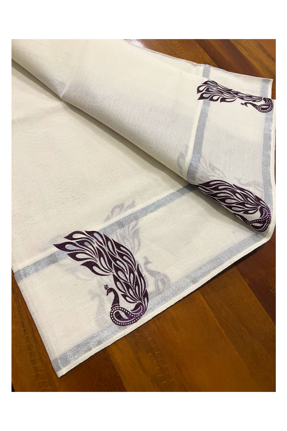Pure Cotton Kerala Silver Kasavu Set Mundu (Mundum Neriyathum) with Peacock Block Prints on Purple Border
