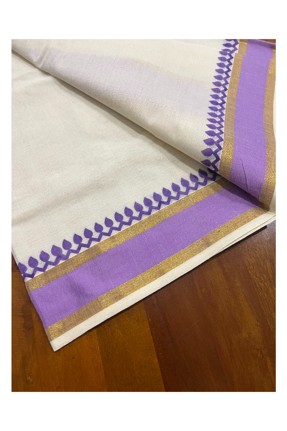 Kerala Cotton Set Mundu (Mundum Neriyathum) with Violet Block Prints and Kasavu Border