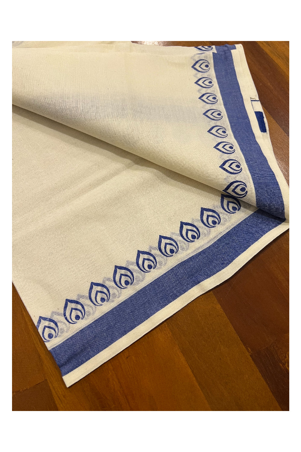 Pure Cotton Set Mundu (Mundum Neriyathum) with Blue Block Prints on Border