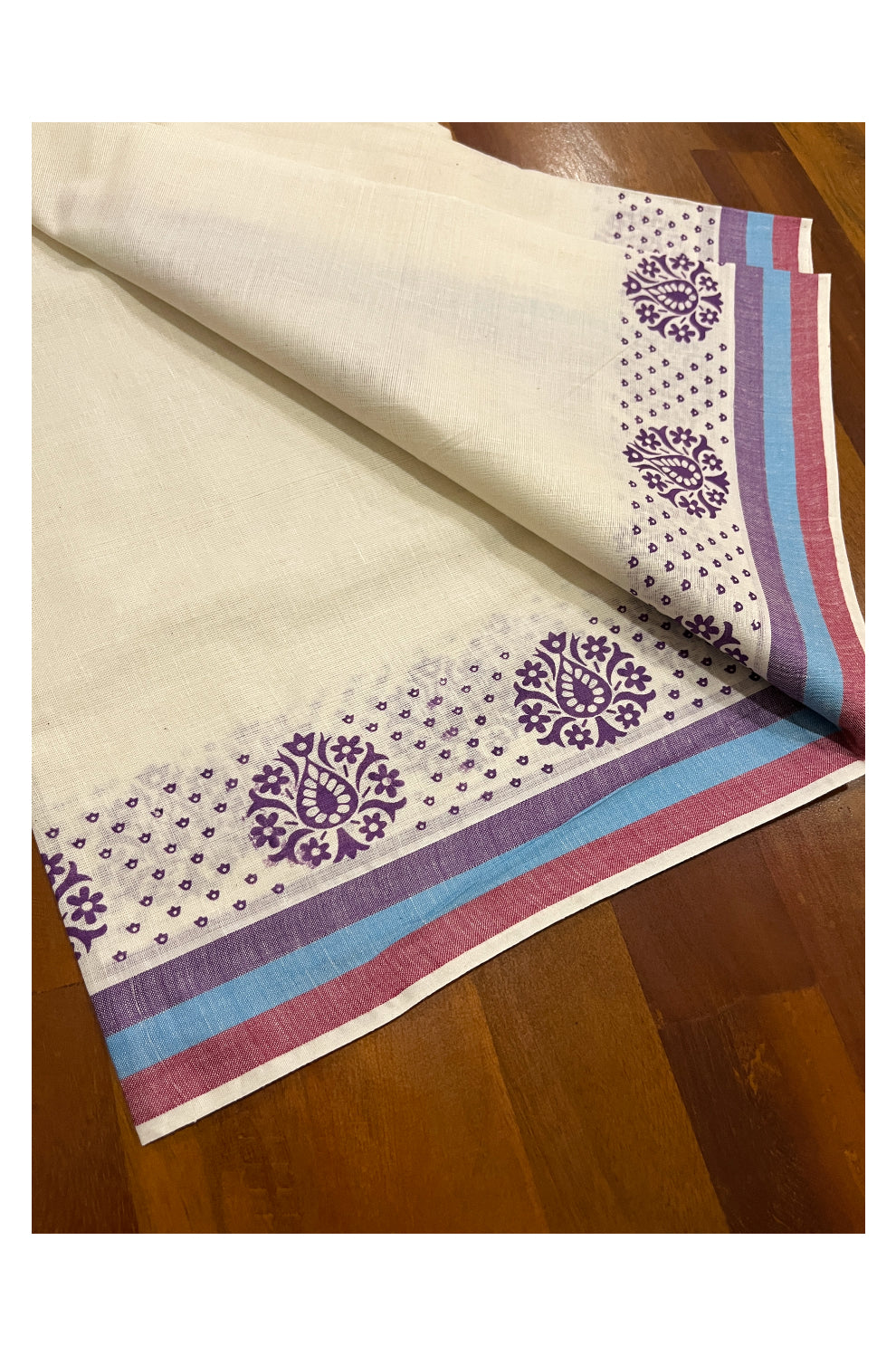 Kerala Cotton Mulloth Mundum Neriyathum Single (Set Mundu) with Violet Block Prints on Blue Red Violet Border (Extra Soft Cotton)