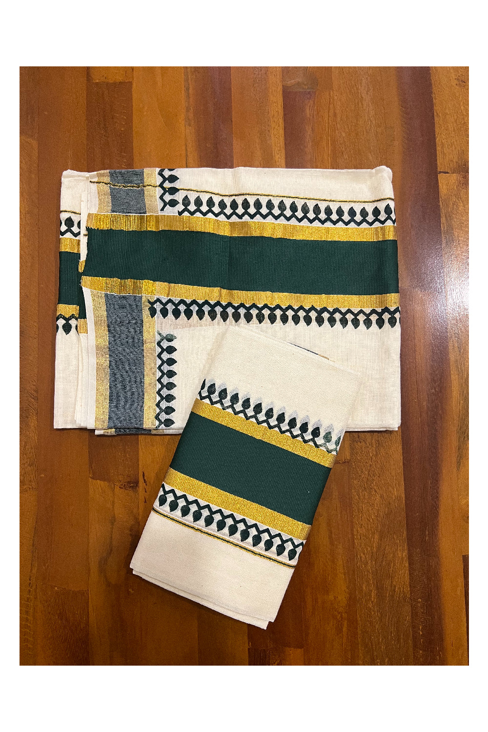 Kerala Cotton Set Mundu (Mundum Neriyathum) with Dark Green Block Prints and Kasavu Border