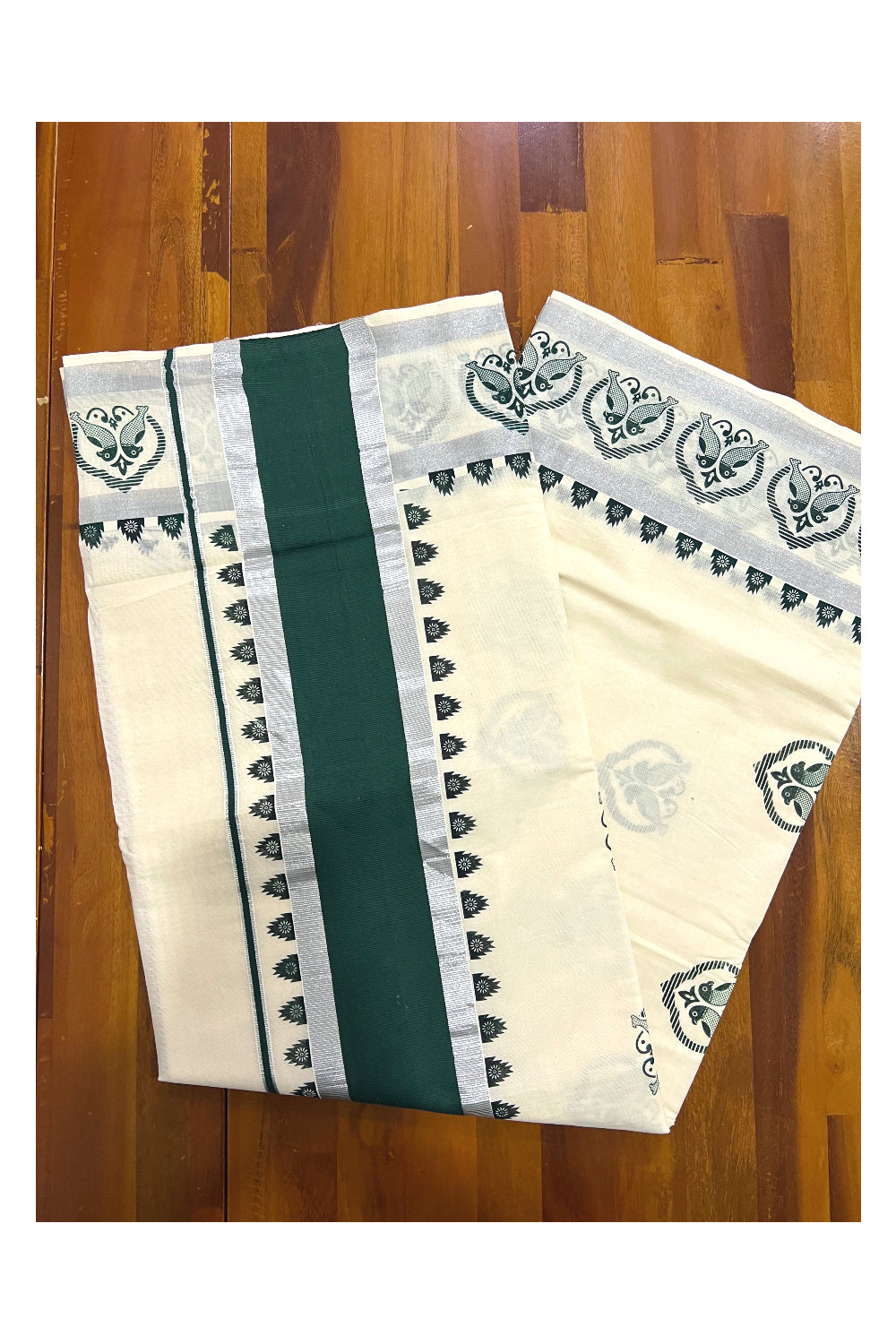 Pure Cotton Kerala Saree with Silver Kasavu and Dark Green Block Prints on Border
