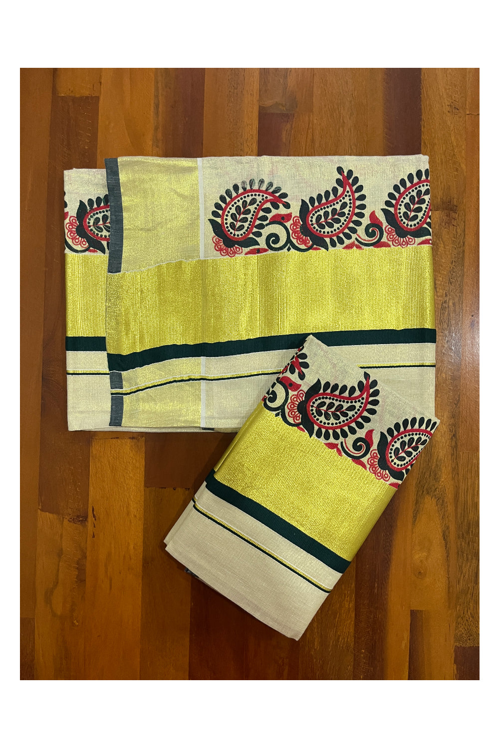 Kerala Tissue Mundum Neriyathum Single (Set Mundu) with Paisley Block Prints and Green Kasavu Border 2.80 Mtrs