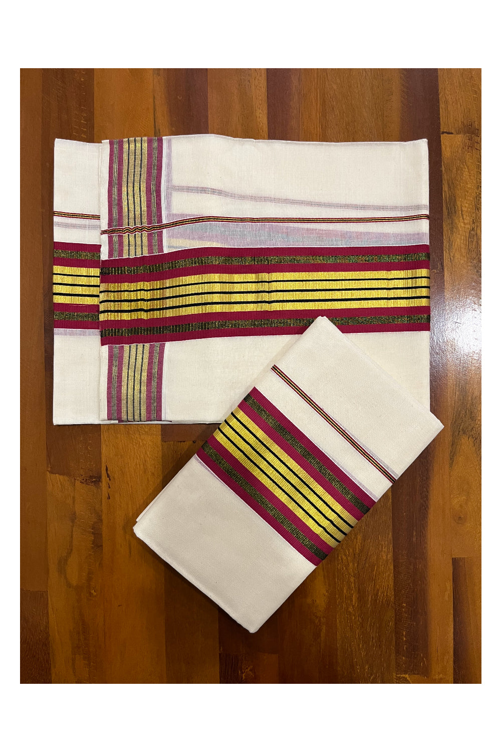 Pure Cotton Kerala Single Set Mundu (Mundum Neriyathum) with Maroon and Kasavu Border 2.80 Mtrs