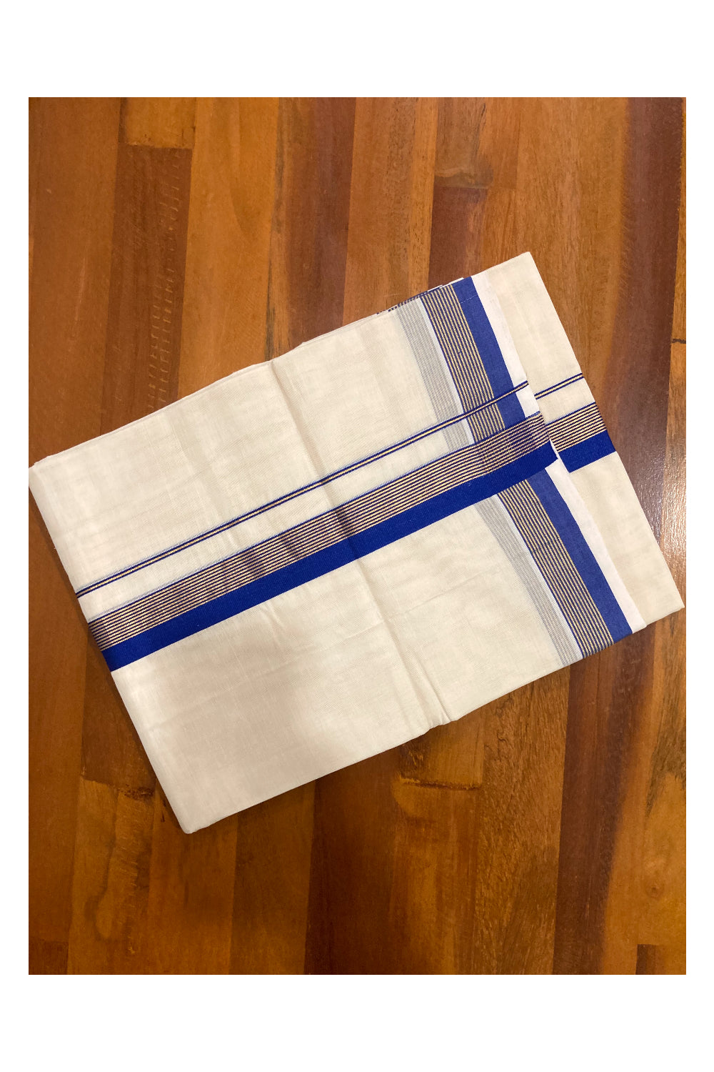 Southloom Premium Handloom Pure Cotton Mundu with Blue and Kasavu Lines Border (South Indian Dhoti)