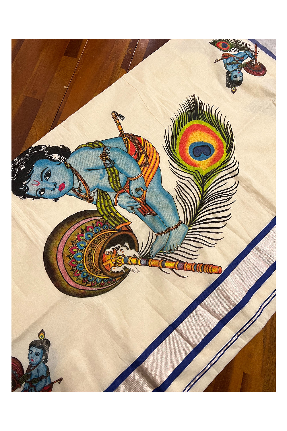 Kerala Pure Cotton Silver Kasavu Saree with Mural Baby Krishna Printed and Blue Border