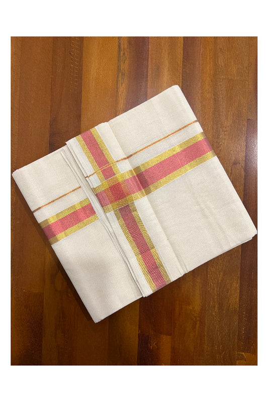 Southloom Balaramapuram Handloom Pure Cotton Mundu with Golden and Peach Kasavu Border (South Indian Dhoti)