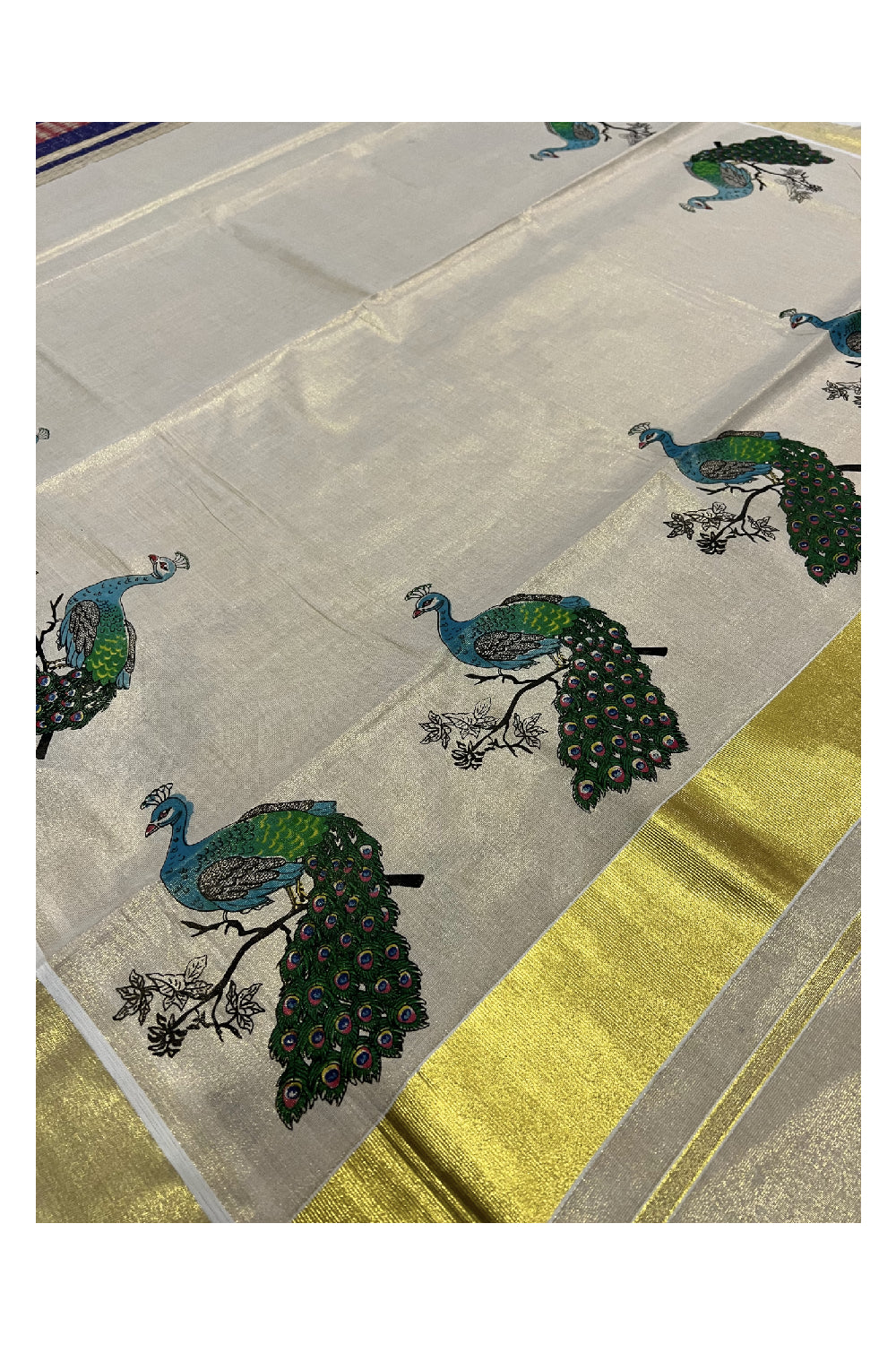 Kerala Tissue Kasavu Saree With Mural Printed Peacock Design