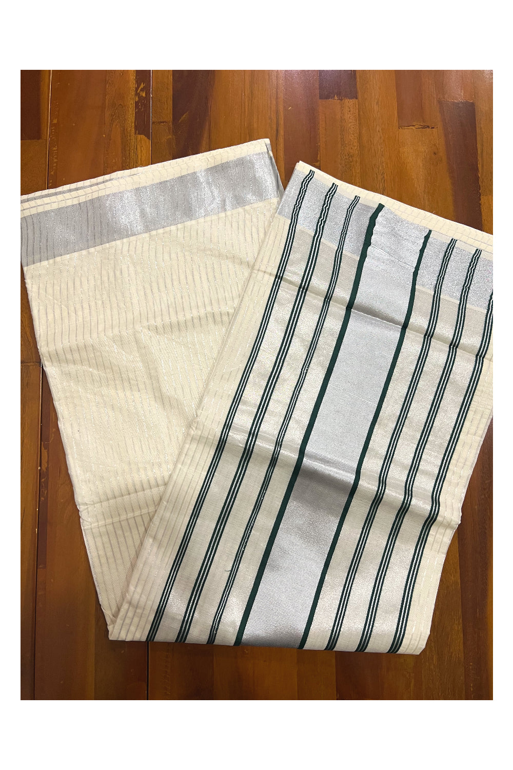 Pure Cotton Kerala Saree with Silver Lines Design on Body and Green Lines on Silver Tissue Pallu