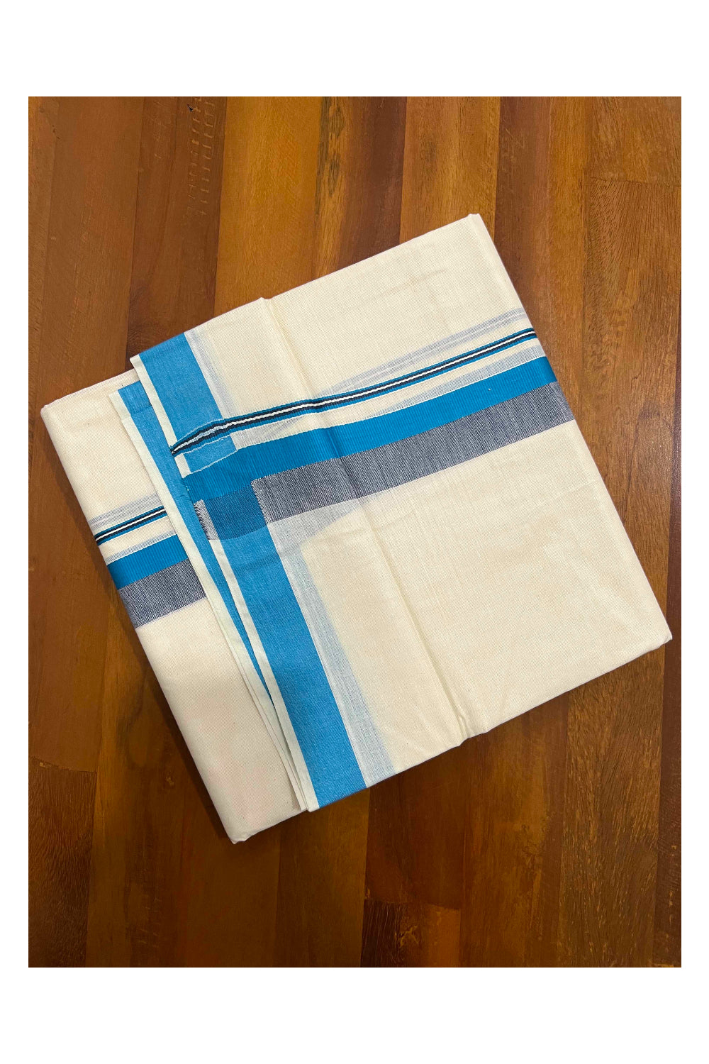 Off White Pure Cotton Double Mundu with Blue and Black Shaded Border (South Indian Dhoti)