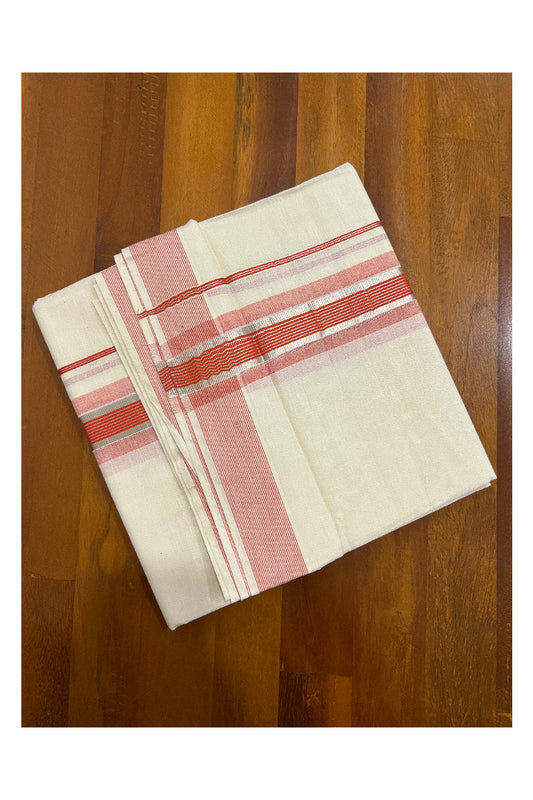 Off White Kerala Double Mundu with Silver Kasavu and Orange Line Border (South Indian Dhoti)