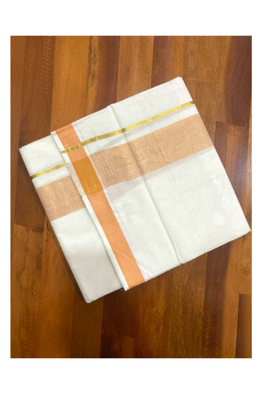 Off White Kerala Double Mundu with Orange and Kasavu Line Border (South Indian Dhoti)