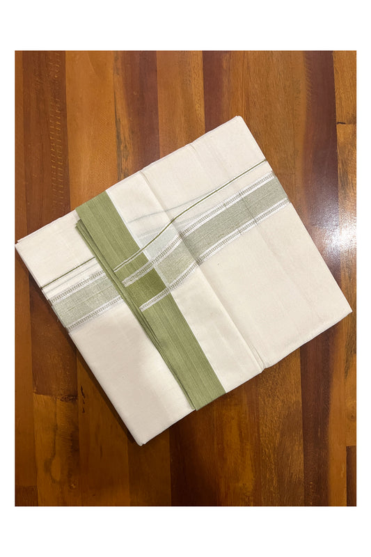 Pure Cotton Off White Double Mundu with Green and Silver Kara (South Indian Dhoti)