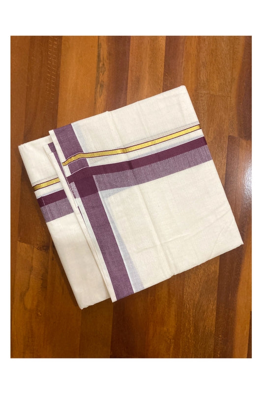 Off White Pure Cotton Double Mundu with Kasavu and Brown Border (South Indian Dhoti)