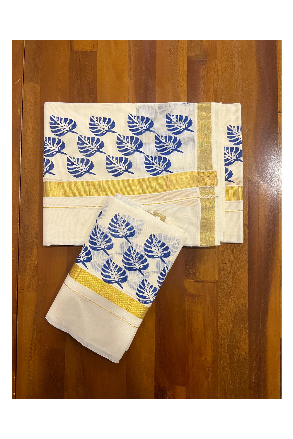 Kerala Cotton Kasavu Set Mundu (Mundum Neriyathum) with Blue Leaf Block Prints on Border