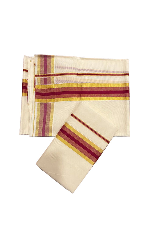 Southloom Kerala Cotton Mundum Neriyathum Single (Set Mundu) with Maroon and Kasavu Border 2.80 Mtrs SLKK