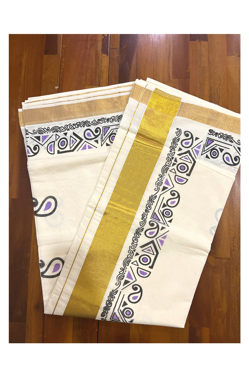 Pure Cotton Off White Kerala Kasavu Saree with Black and Violet Block Prints on Border