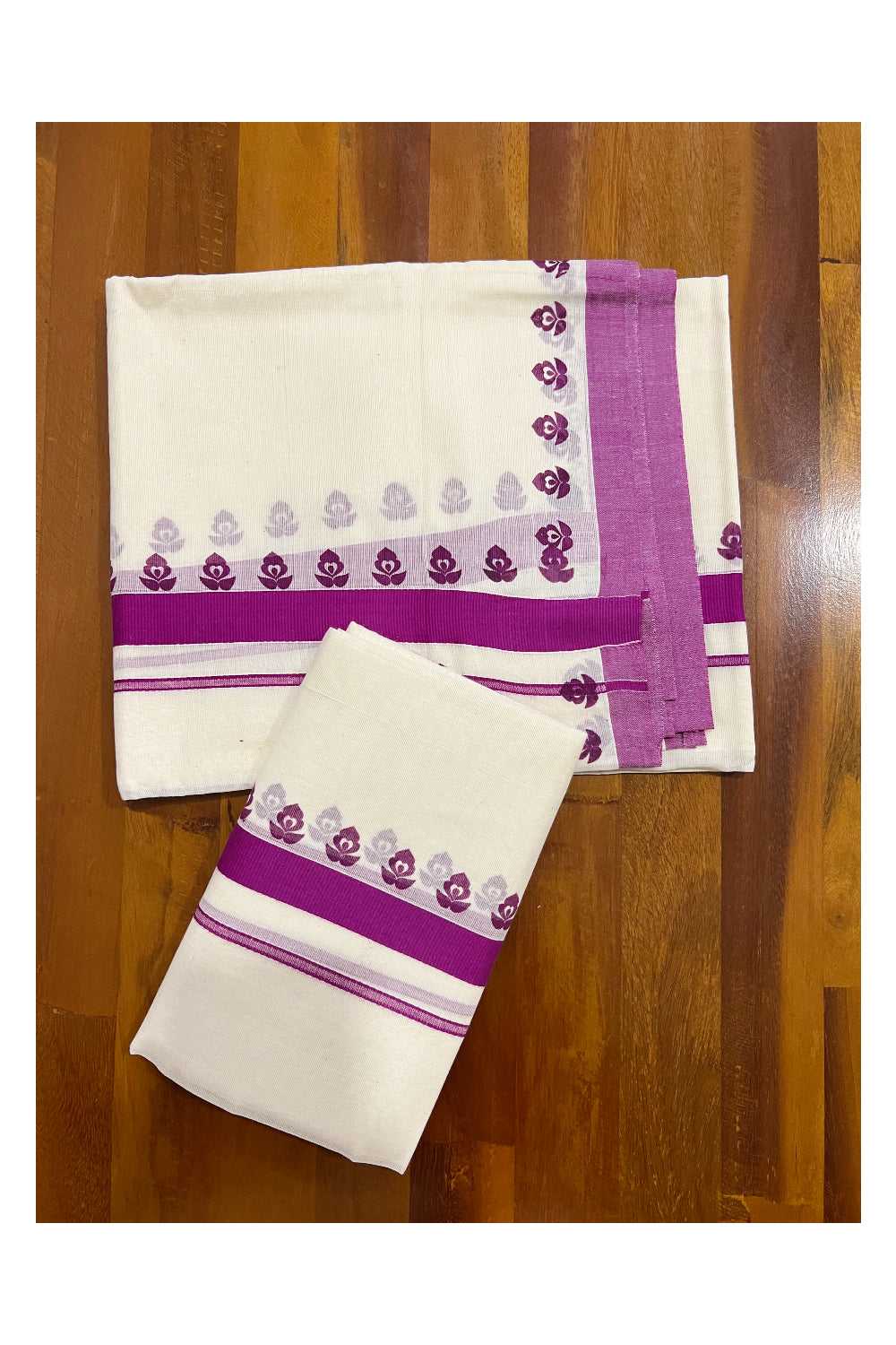 Pure Cotton Set Mundu (Mundum Neriyathum) with Magenta Floral Block Prints on Border