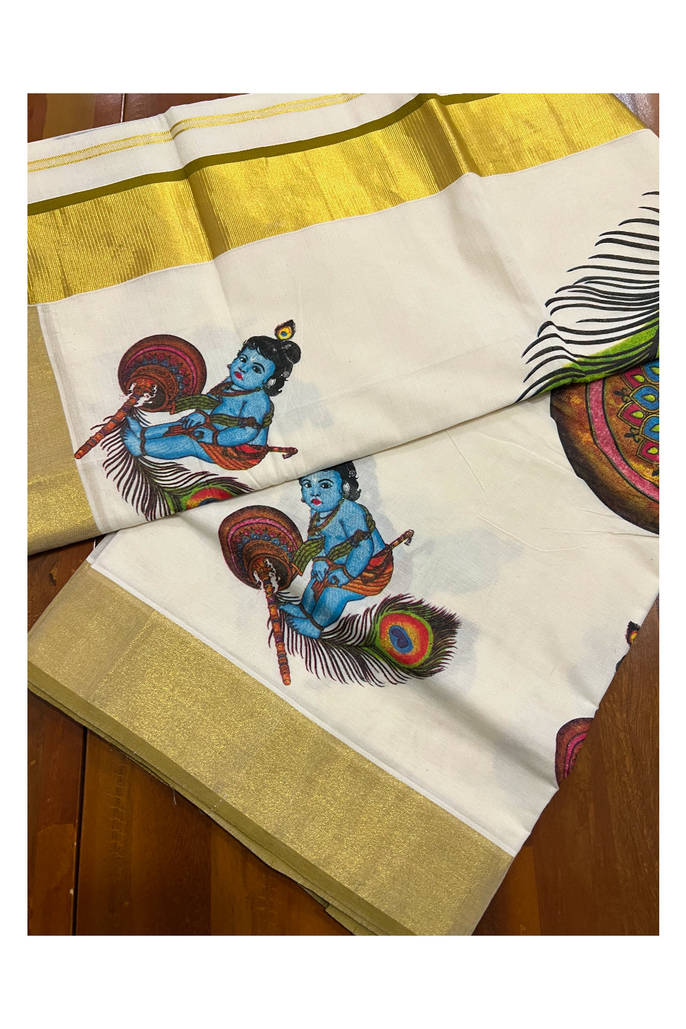 Kerala Pure Cotton Kasavu Saree with Mural Baby Krishna Printed and Olive Green Border