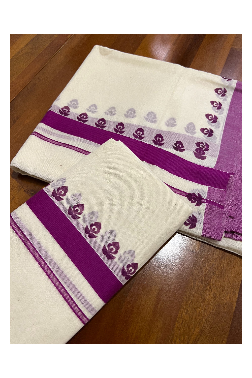 Pure Cotton Set Mundu (Mundum Neriyathum) with Magenta Floral Block Prints on Border