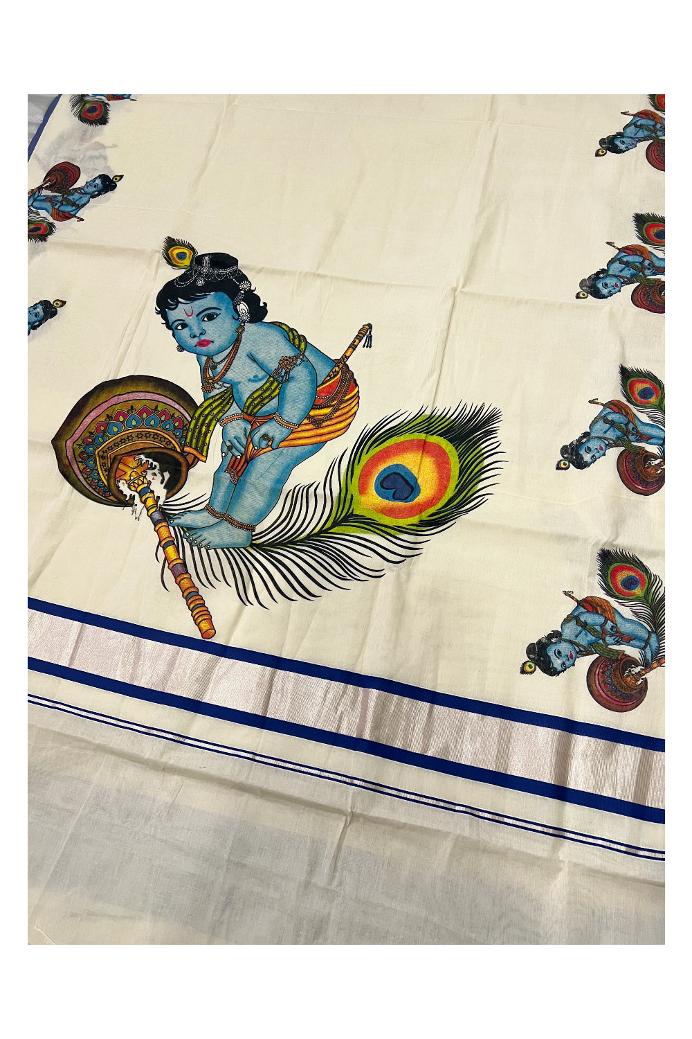 Kerala Pure Cotton Silver Kasavu Saree with Mural Baby Krishna Printed and Blue Border