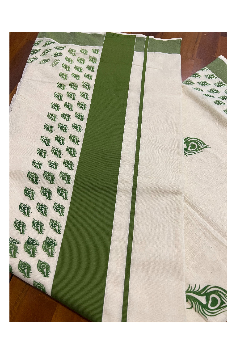 Pure Cotton Kerala Saree with Bottle Green Peacock Feather Block Printed Border
