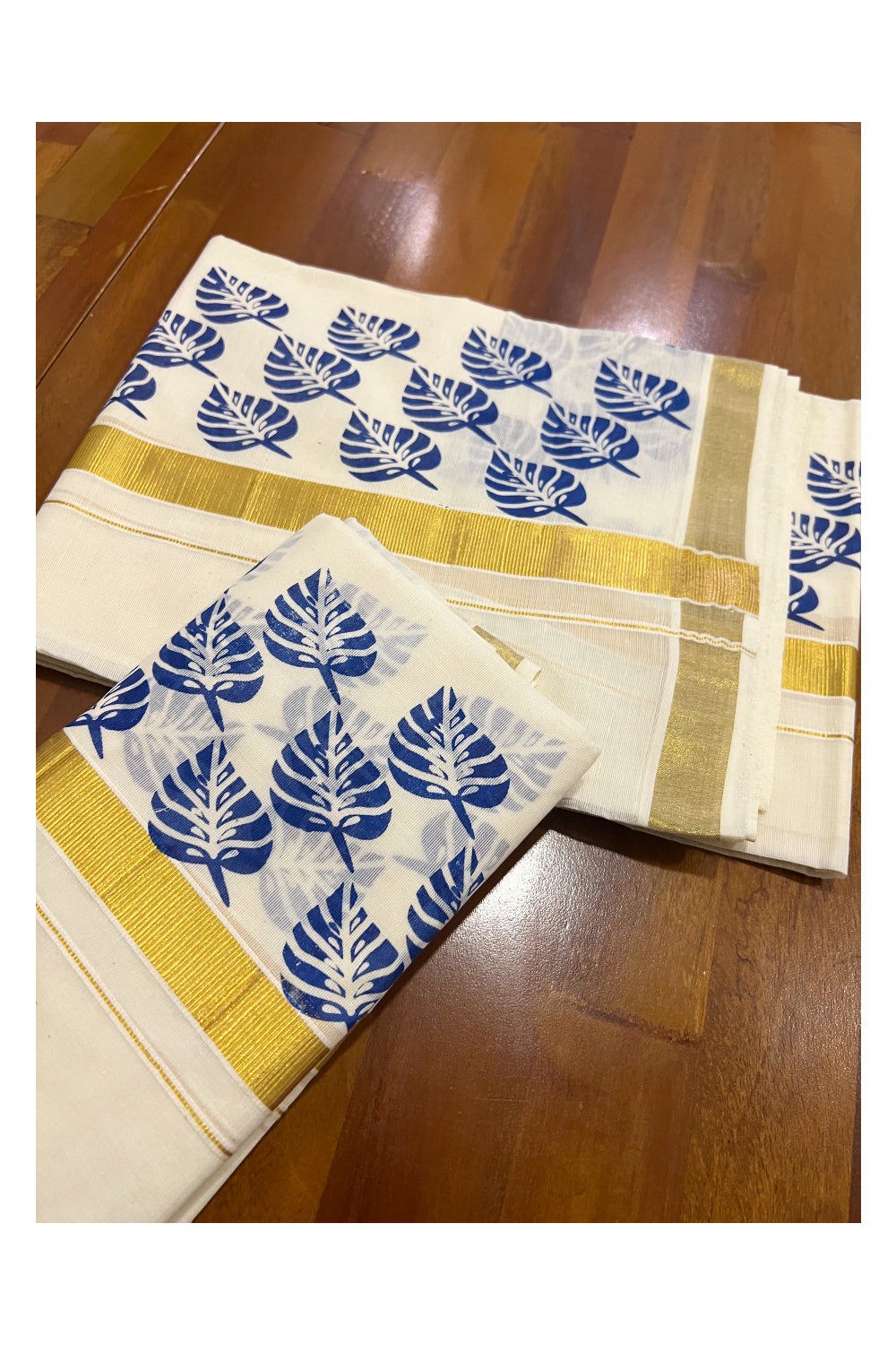 Kerala Cotton Kasavu Set Mundu (Mundum Neriyathum) with Blue Leaf Block Prints on Border