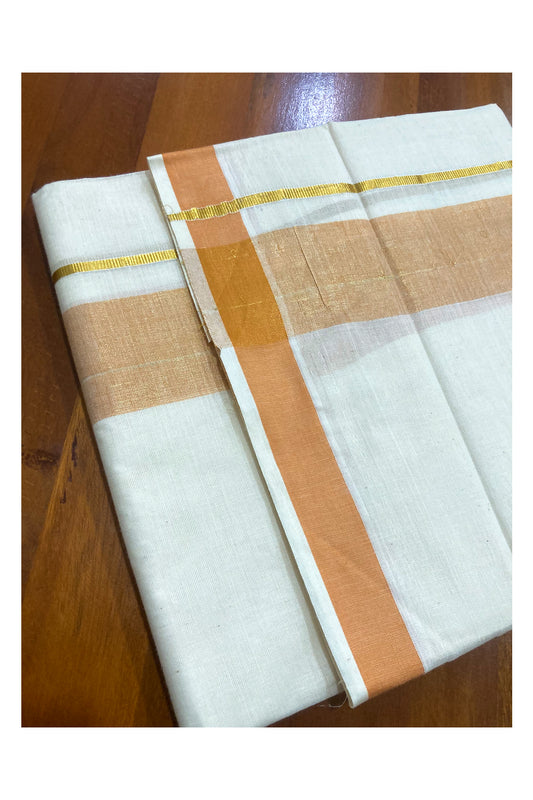 Off White Kerala Double Mundu with Orange and Kasavu Line Border (South Indian Dhoti)