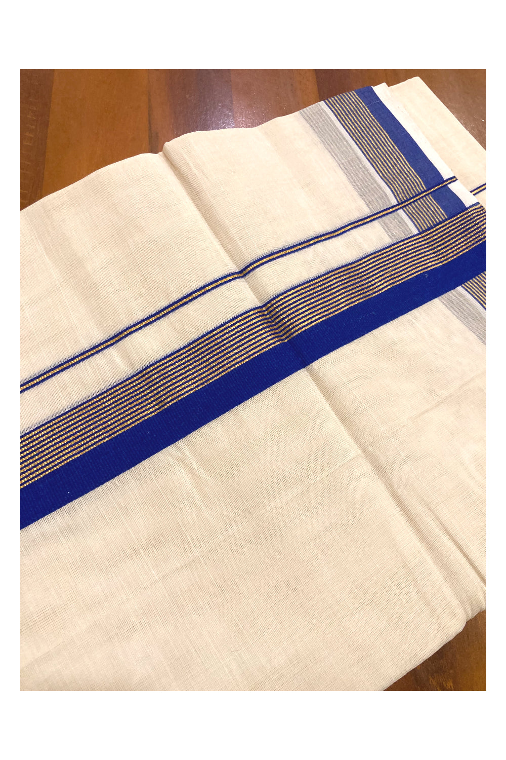 Southloom Premium Handloom Pure Cotton Mundu with Blue and Kasavu Lines Border (South Indian Dhoti)