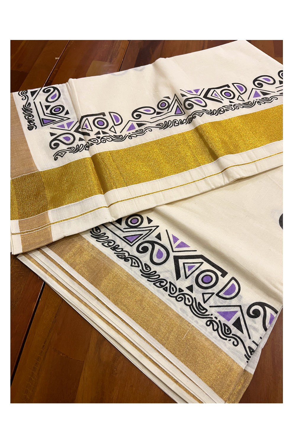 Pure Cotton Off White Kerala Kasavu Saree with Black and Violet Block Prints on Border