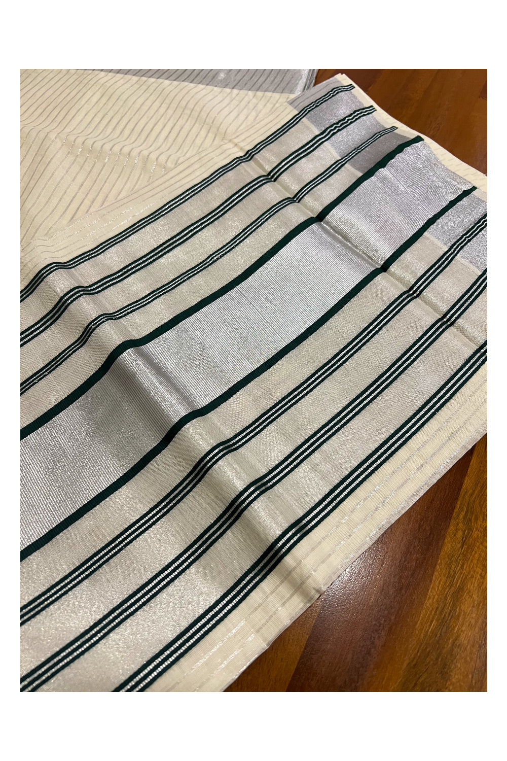 Pure Cotton Kerala Saree with Silver Lines Design on Body and Green Lines on Silver Tissue Pallu