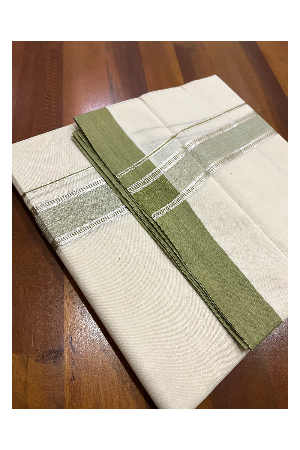 Pure Cotton Off White Double Mundu with Green and Silver Kara (South Indian Dhoti)