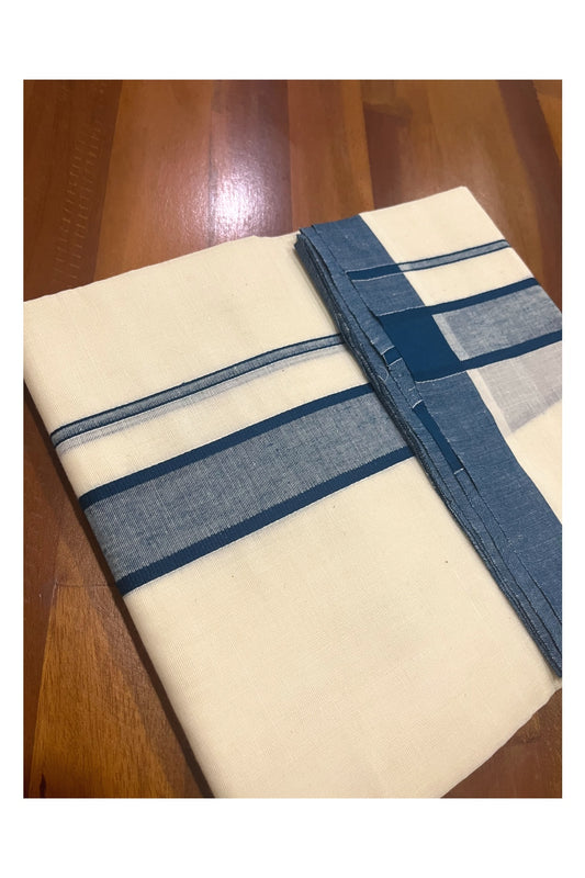 Pure Cotton Off White Double Mundu with Blue Border (South Indian Dhoti)