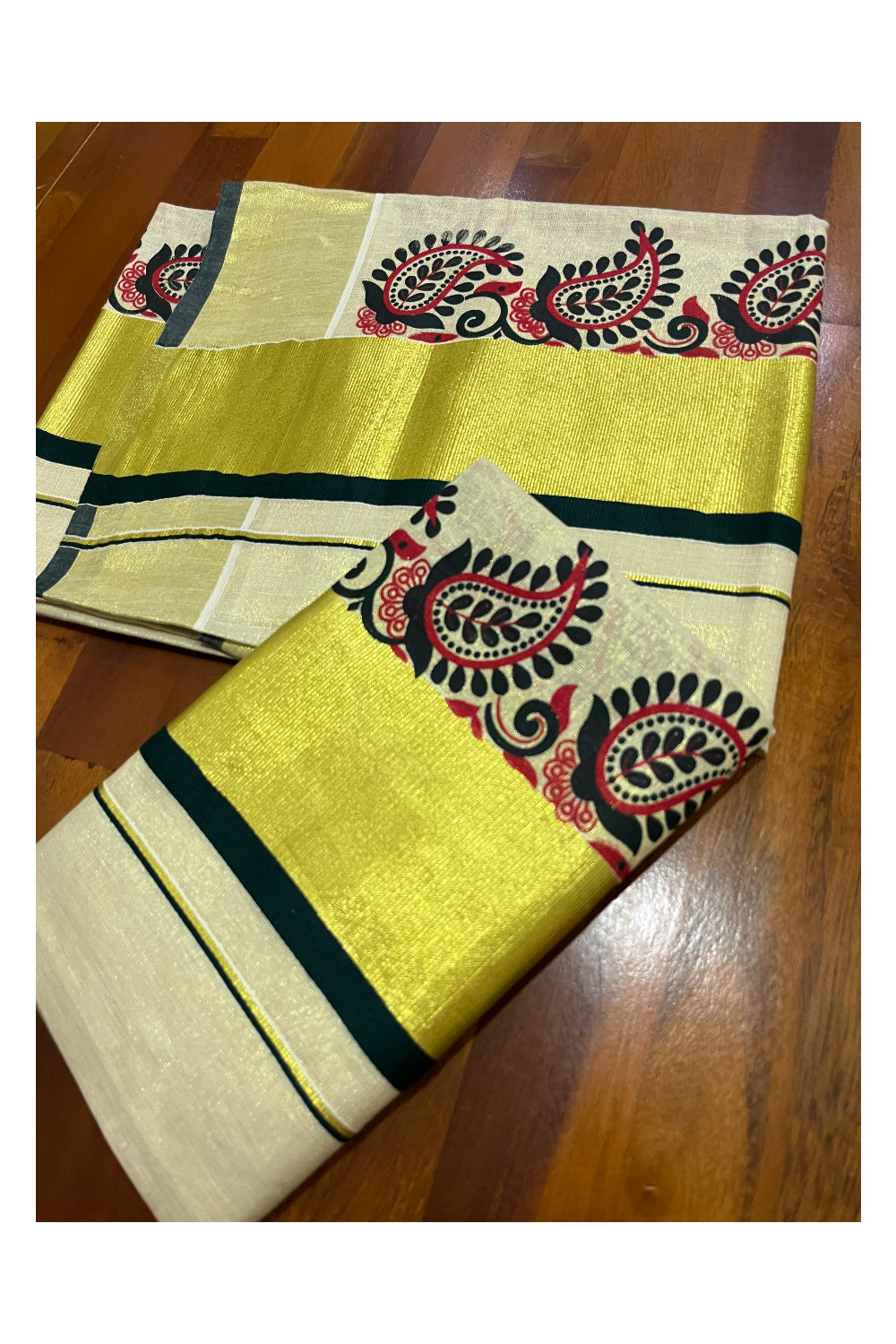 Kerala Tissue Mundum Neriyathum Single (Set Mundu) with Paisley Block Prints and Green Kasavu Border 2.80 Mtrs