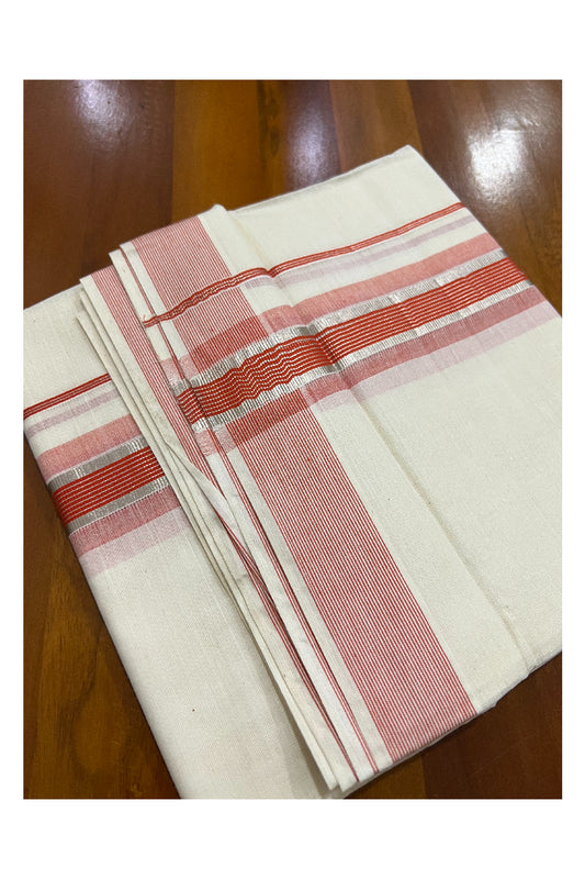 Off White Kerala Double Mundu with Silver Kasavu and Orange Line Border (South Indian Dhoti)